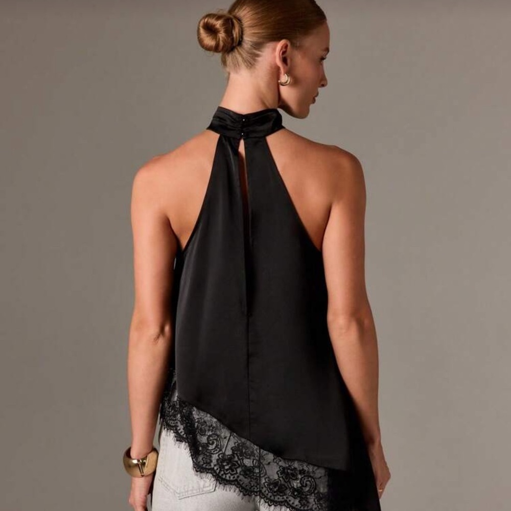 AiiRZ Women Sleeveless High Neck Lace Trim Asymmetric Satin Top Evening - Picture 2 of 4
